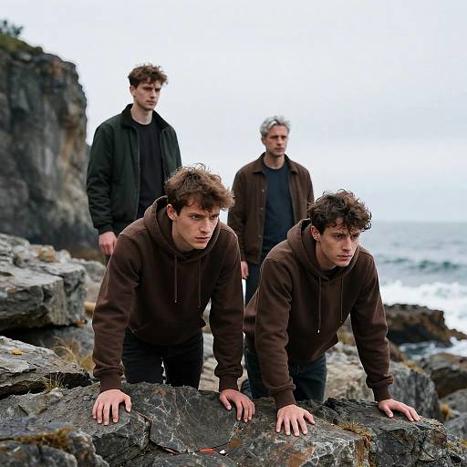 Intense Men at Rocky Coastline