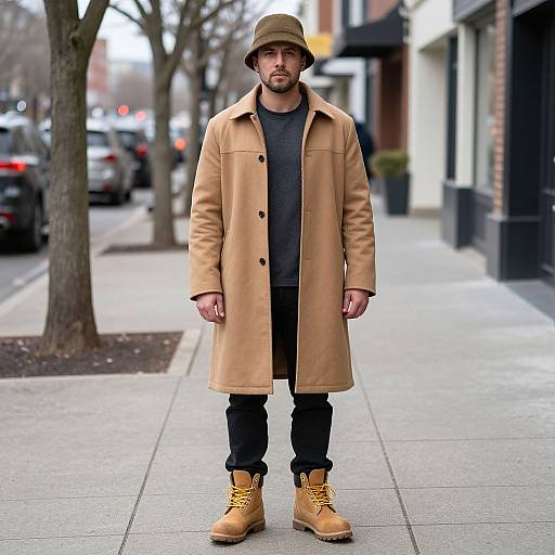 Photograph of a bearded man in a tan coat, olive bucket hat, black shirt, black pants, and tan boots, standing on a city