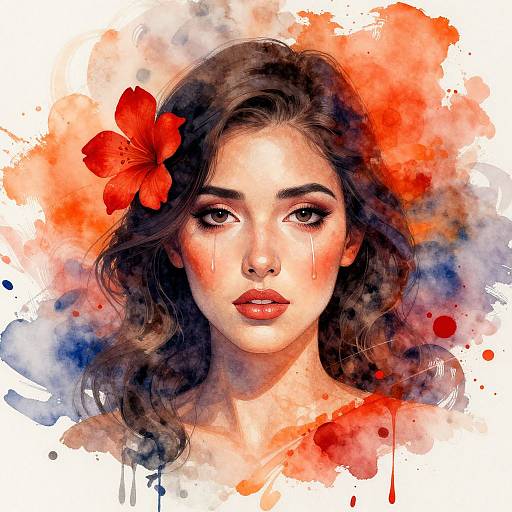 Digital watercolor portrait of a beautiful woman with wavy brown hair, red flower in her hair, and intense brown eyes, surrounded by vibrant red,