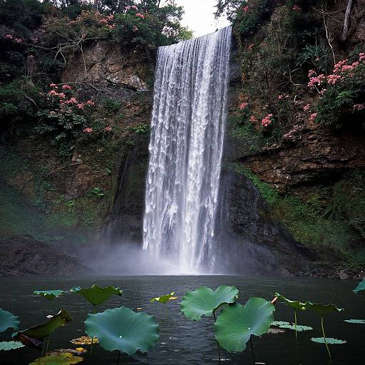 Photograph of a tall, cascading waterfall surrounded by lush greenery and pink flowers, with large green lily pads floating in the misty water