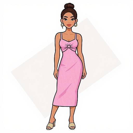 Digital illustration of a confident woman with dark skin and black hair in a bun, wearing a pink, strapless, form-fitting dress, gold hoop