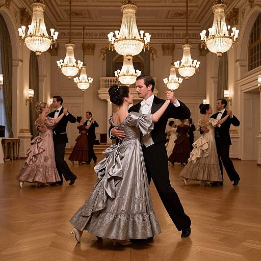 Photograph of elegant ballroom dance; man in black tuxedo, woman in silver satin gown, surrounded by other couples in formal attire, under