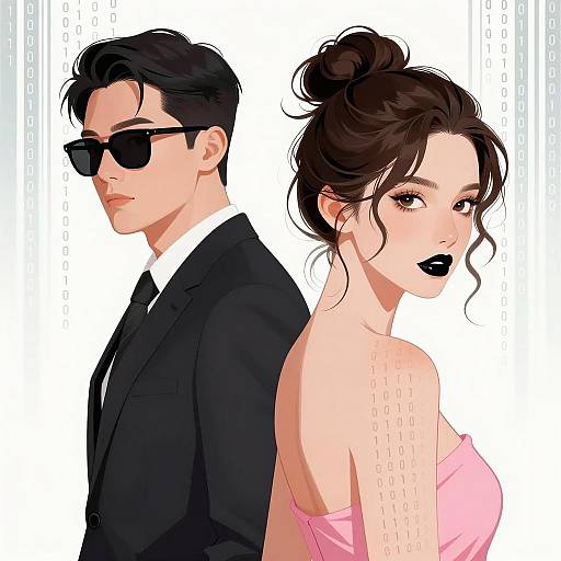 Stylish Man and Woman with Binary Code