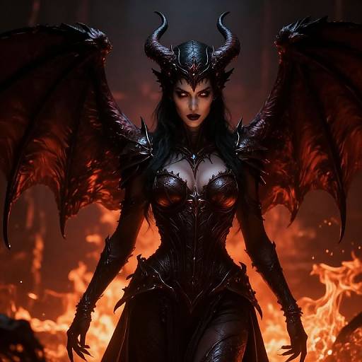 Digital artwork of a dark, demonic woman with black wings, horns, and fiery red eyes, standing amidst roaring flames. She wears intricate black armor,