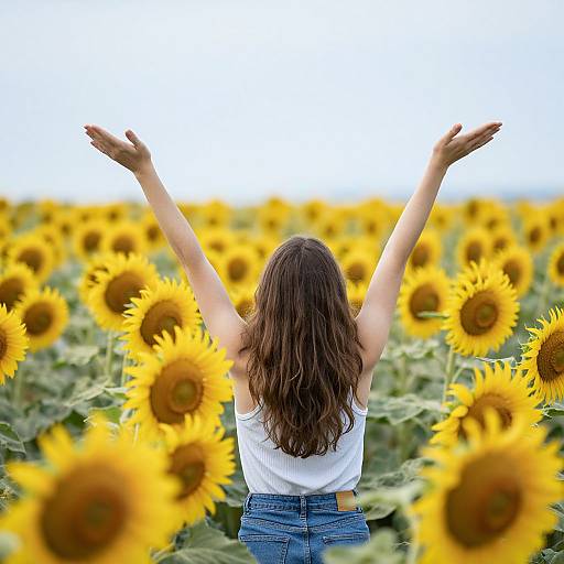 Photograph of a woman with long brown hair, wearing a white tank top and blue jeans, arms raised, standing in a vast sunflower field.
