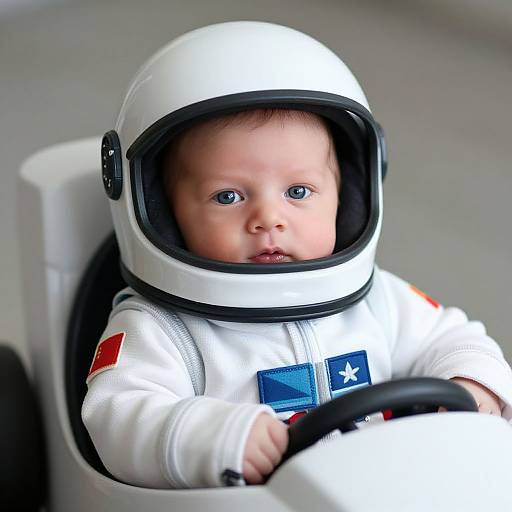 Photograph of a baby with blue eyes, wearing a white astronaut suit and helmet, sitting in a toy spaceship, gripping a steering wheel.