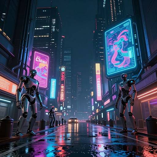 Cyberpunk night scene: three robotic figures stand on a wet, neon-lit city street with towering buildings and vibrant, glowing signs.