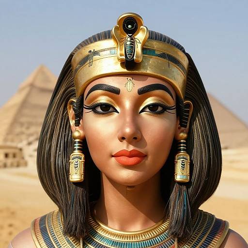 Digital artwork of an Egyptian woman with dark hair, red lips, gold headpiece, and jewelry, standing in front of pyramids.