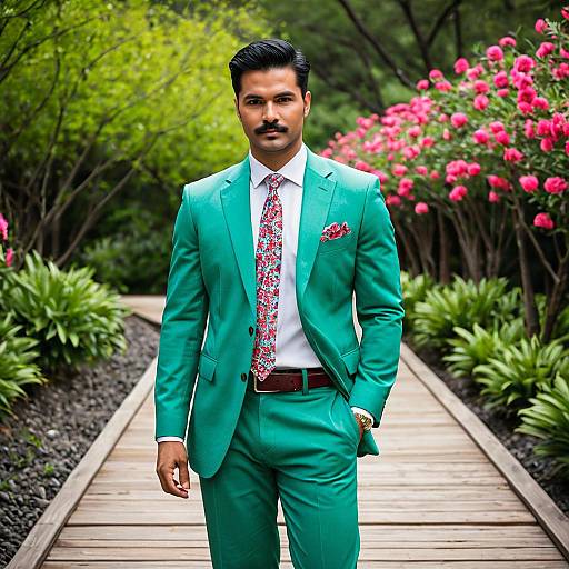 Confident man in light green suit outdoors