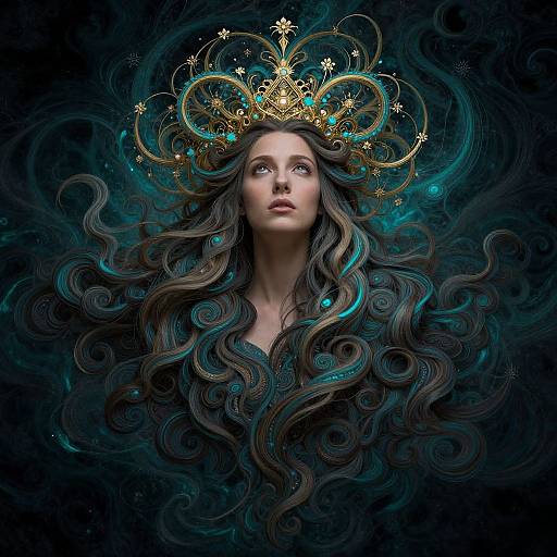 Digital artwork of a fair-skinned woman with long, flowing, dark teal and brown hair, wearing an elaborate golden crown, set against a dark,