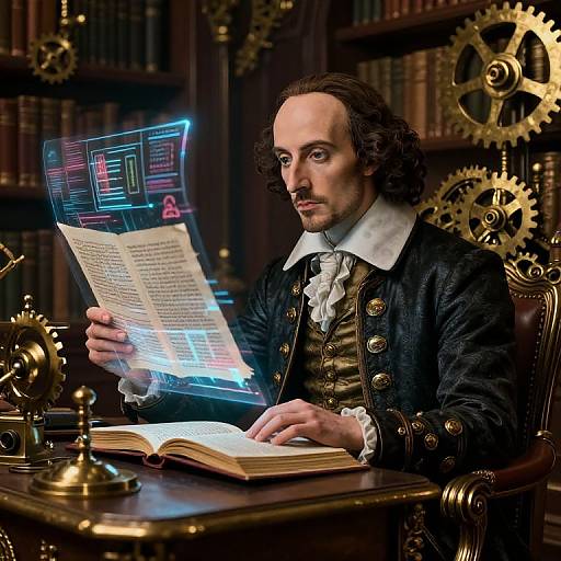 Steampunk AI Scribe in Library