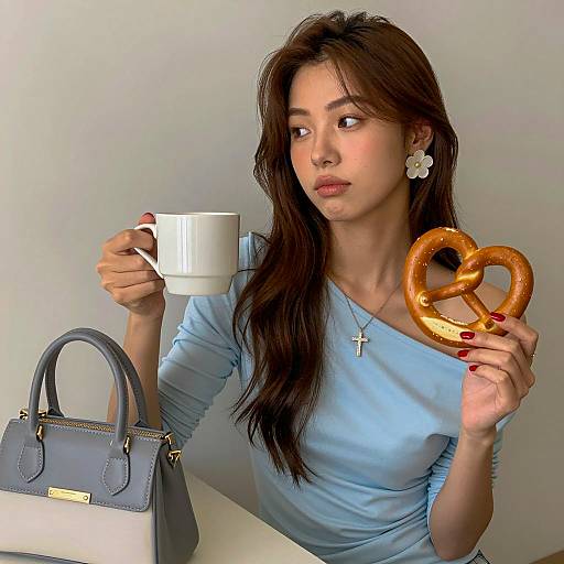 Chic Woman Enjoying Coffee and Pretzel