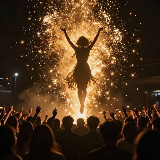 Photograph of a silhouetted woman with arms raised, standing in a bright, fiery explosion of sparks, surrounded by a crowd with raised hands