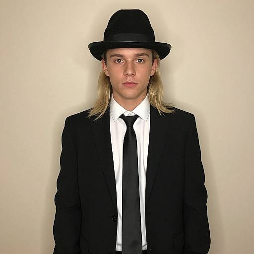 Photograph of a young man with blonde hair, wearing a black fedora, black suit, white shirt, and black tie, against a plain beige