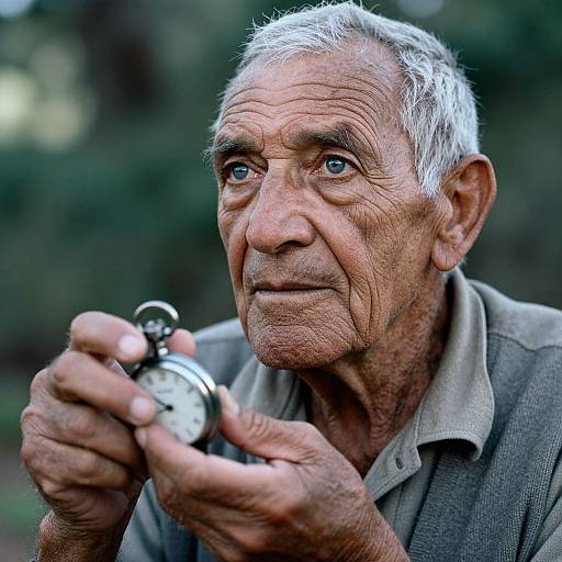 Photograph of an elderly man with wrinkled skin, white hair, and blue eyes, holding a pocket watch close to his chest, wearing a grey