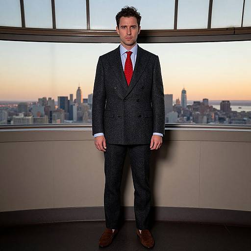 Photograph of a serious-looking man with short dark hair, wearing a black suit, white shirt, and red tie, standing in front of a city