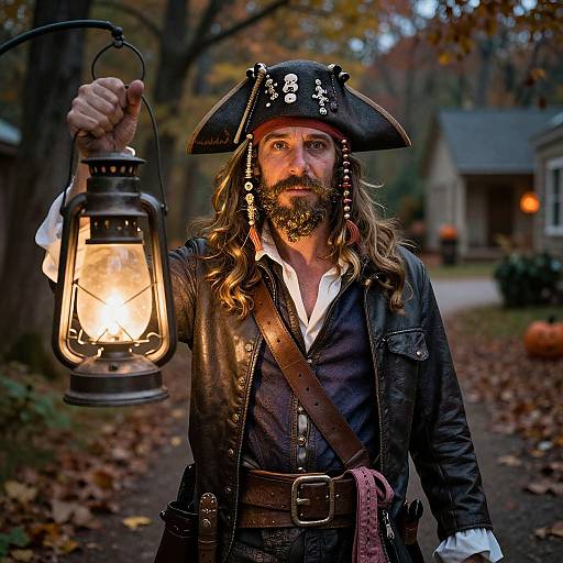 Photograph of a bearded man with long hair, wearing a black pirate hat, leather coat, and white shirt, holding a glowing lantern on a
