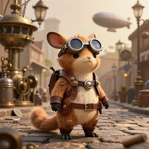 Cute, steampunk-style, brown-furred mouse with goggles and leather harness stands on a cobblestone street with vintage street lamps and blurred