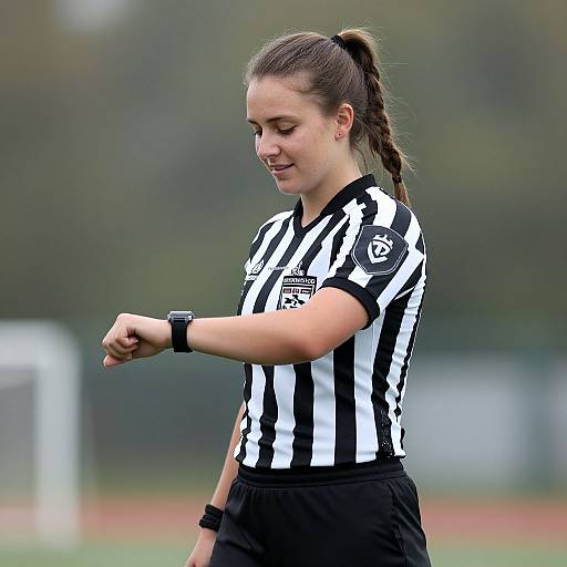Photograph of a young female soccer referee with long brown hair in a ponytail, wearing a black-and-white striped shirt, black shorts, and a