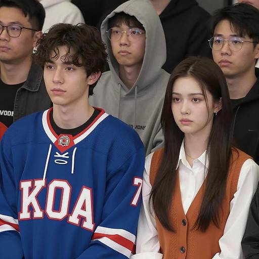 Serious Young Man and Woman in Crowd