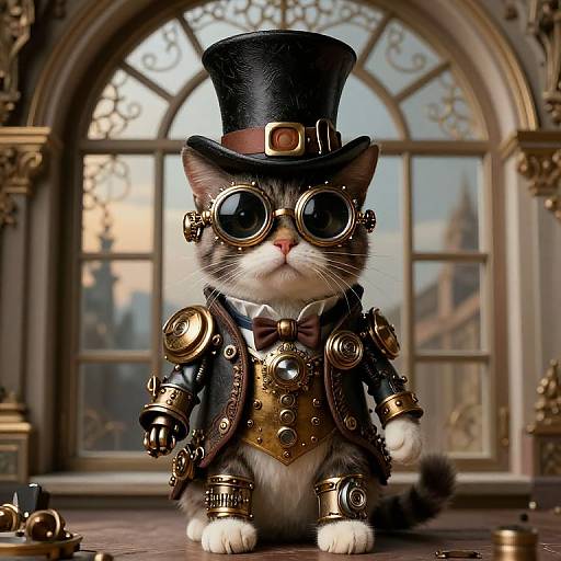 Steampunk-style CGI cat wearing a top hat, round goggles, brass gears, and a bow tie, standing in front of an ornate ar