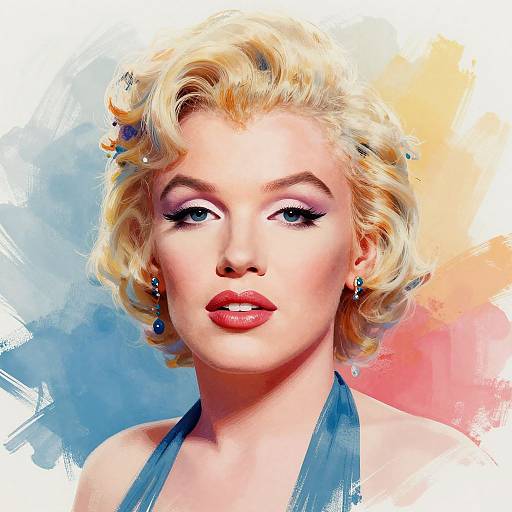 Digital portrait of Marilyn Monroe with blonde curls, blue halter top, red lipstick, blue earrings, colorful abstract background. Retro glamorous style.
