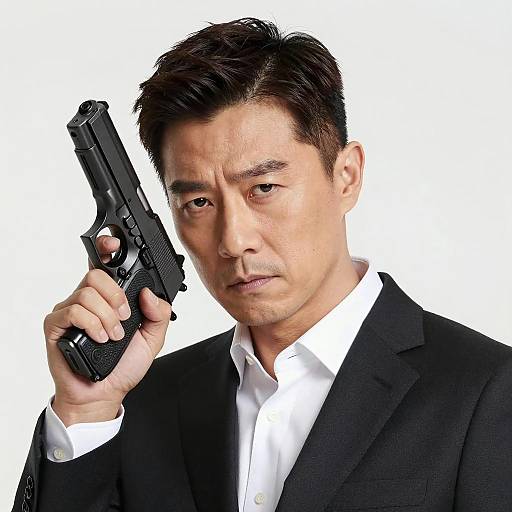 Serious Man in Suit Holding Handgun