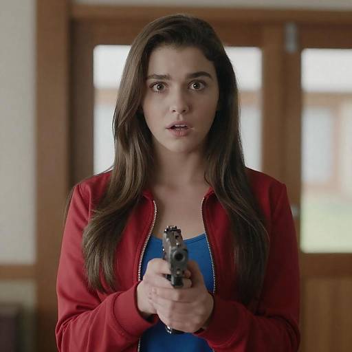 Surprised Woman Holding Gun in Sunlit Room