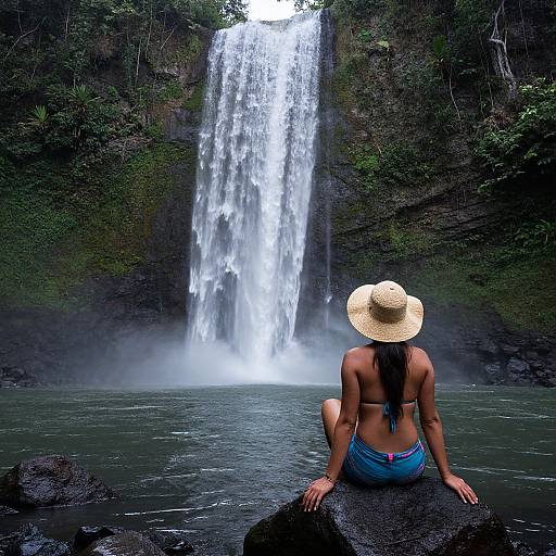 Photograph of a woman with tan skin, long dark hair, wearing a straw hat and blue bikini, sitting on rocks, facing a powerful waterfall in
