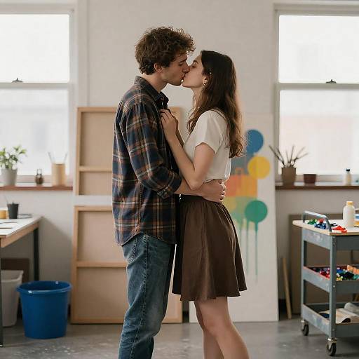 Romantic Kiss in a Colorful Art Studio