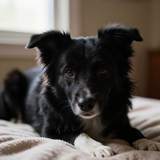 Photograph of a black, medium-sized, fluffy dog with perky ears lying on a beige blanket in a softly lit room.