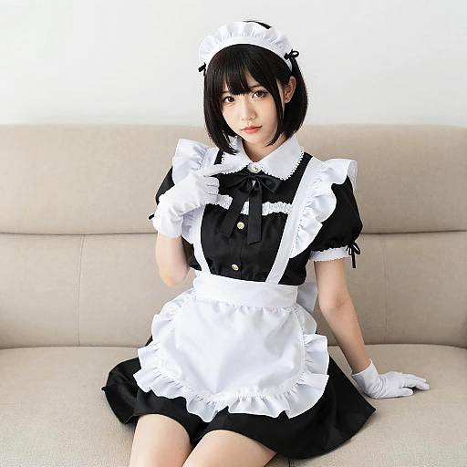 Photograph of an East Asian woman in a black and white French maid outfit, sitting on a beige sofa, with short black hair and white gloves.