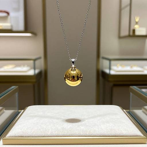 Photograph of a polished gold pendant necklace displayed on a brightly lit glass shelf in a jewelry store, with blurred background displays.