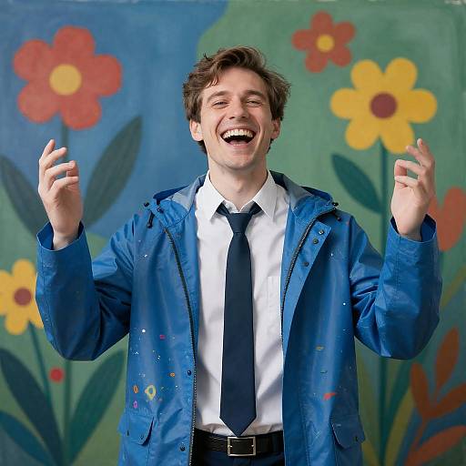 Enthusiastic Man in Vibrant Raincoat
