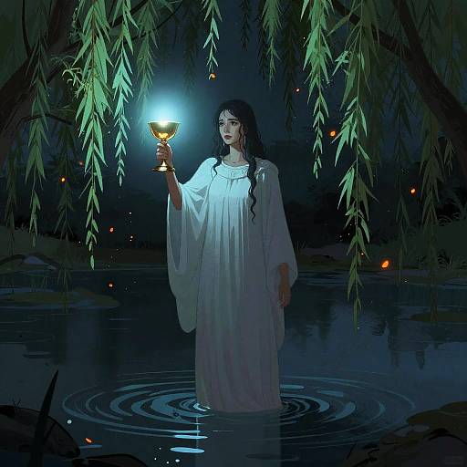 Water Priestess with Glowing Chalice in Lagoon