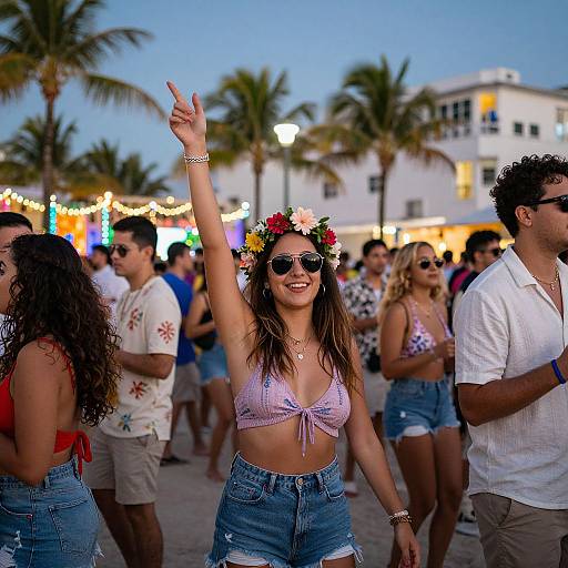 Photograph of a smiling woman with a flower crown, sunglasses, purple tied-top, and denim shorts, flashing a peace sign at a beach party with