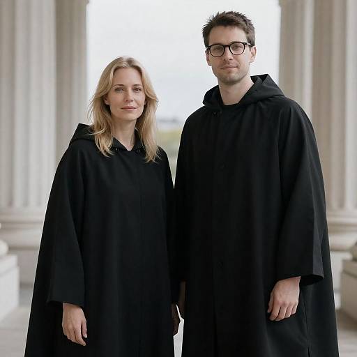 Black-Cloaked Couple by White Columns