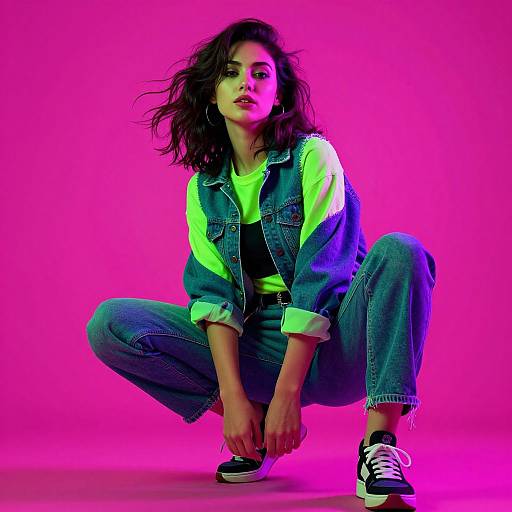 Photograph of a young woman with dark curly hair, squatting against a vibrant pink and purple neon background. She wears a denim jacket, neon green