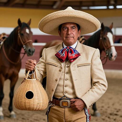 Photograph of a mature Hispanic man in a traditional Mexican cowboy outfit, holding a wicker basket, standing in a horse arena.