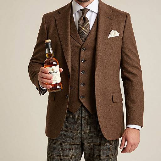 Photograph of a man in brown tweed suit, white shirt, and plaid tie, holding a Jameson whiskey bottle in his right hand.