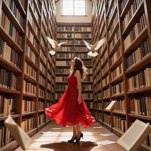 Photograph of a woman in a flowing red dress, standing in a sunlit library aisle, surrounded by flying white doves, with books on both