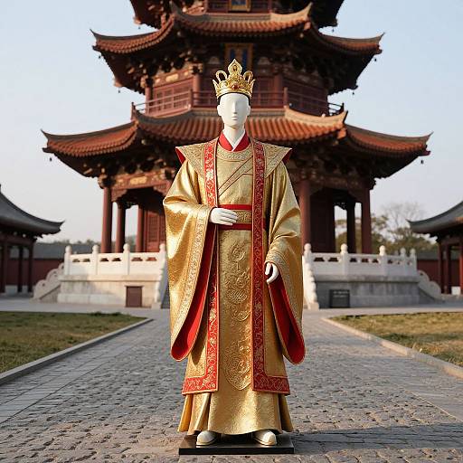 Photograph of a white mannequin in a gold and red royal robe with a golden crown, standing in front of a traditional Chinese pagoda.