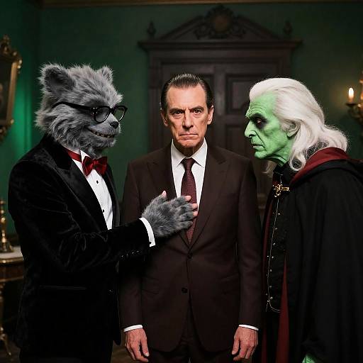 Eccentric Trio in Dimly Lit Room