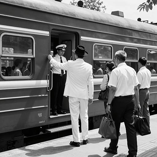 Vintage Train Station Scene in Black and White