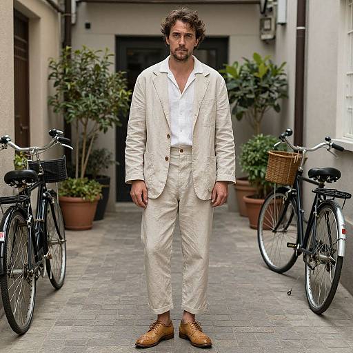 Photograph of a bearded man with curly hair, wearing a white blazer, shirt, and pants, brown loafers, standing between two bicycles