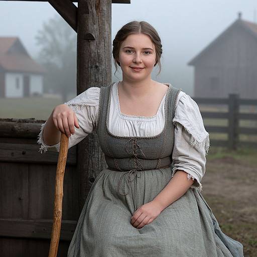 Vintage Peasant Woman in Foggy Village