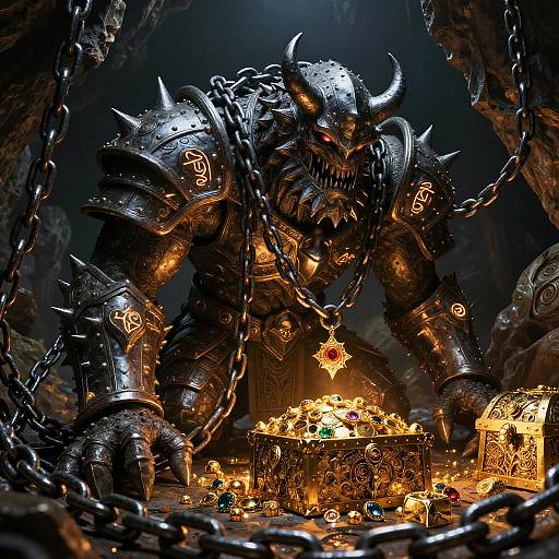 CGI fantasy image of a menacing, horned, armored demon with glowing runes, towering over a glowing, treasure-filled chest in a dark, chained