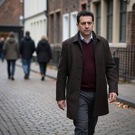 Photograph of a serious, middle-aged man with short black hair, wearing a dark brown overcoat, maroon sweater, and gray pants, walking