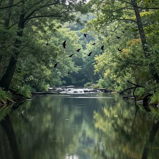 Photograph of a serene forest creek with dark, reflective water, surrounded by dense, green foliage, and five black birds flying overhead.