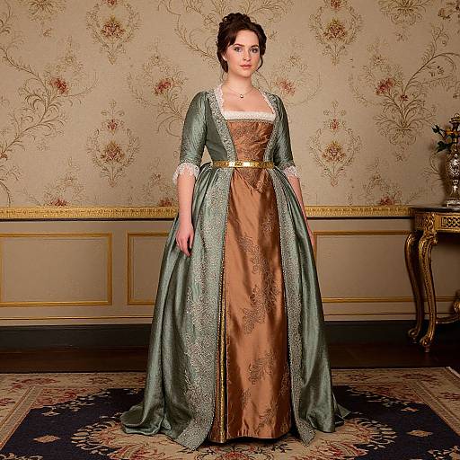 Photograph of a fair-skinned woman in an ornate, green and gold Renaissance-style gown with brown satin bodice, standing in an elegant,
